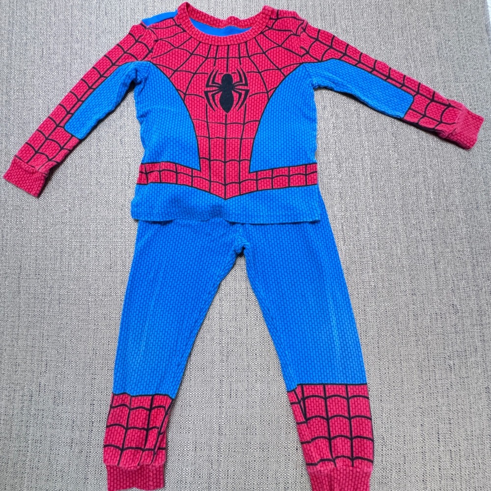 Disney Marvel Spiderman Pajama Set Kids Size 4 Blue Red Waffle Knit Thermal 2pc